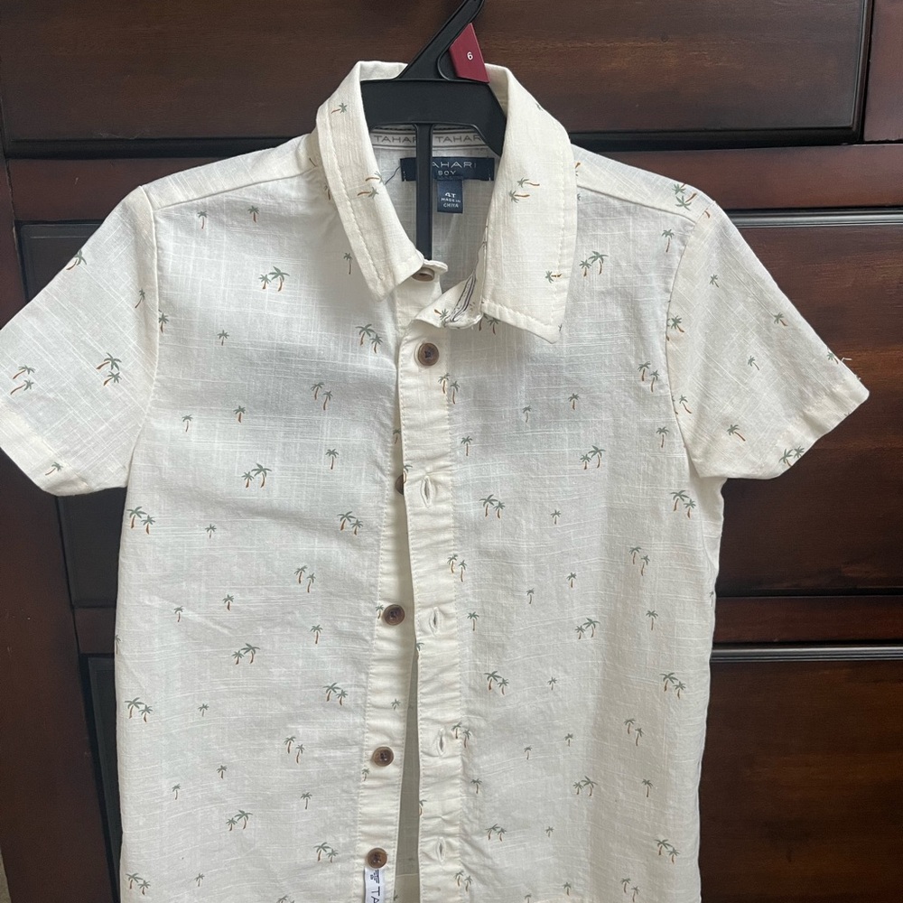 Tahari Kids Beige Button Down Shirt with Floral Accents